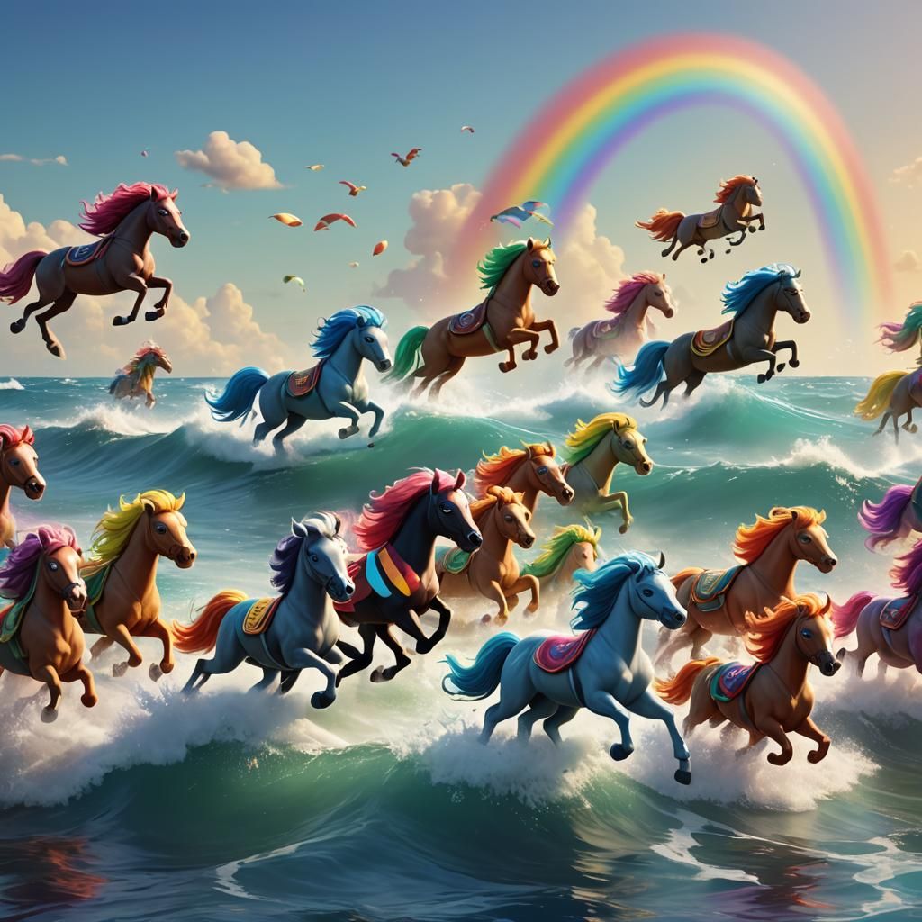 Rainbow Ponies Race on Ocean Waves as 3D Art