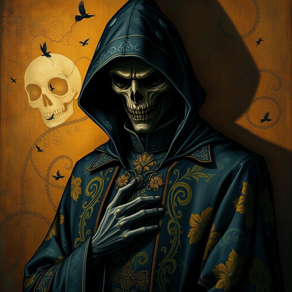 Mysterious Figure in Majolica-Inspired Attire, Folk Art Styl...