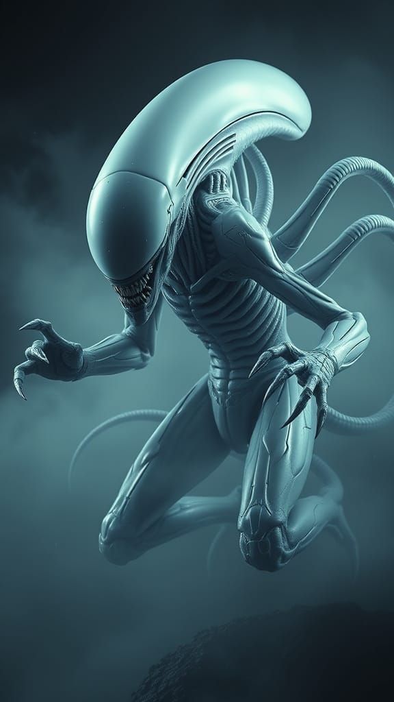 Biomechanical Hunter Alien in Dark Atmosphere