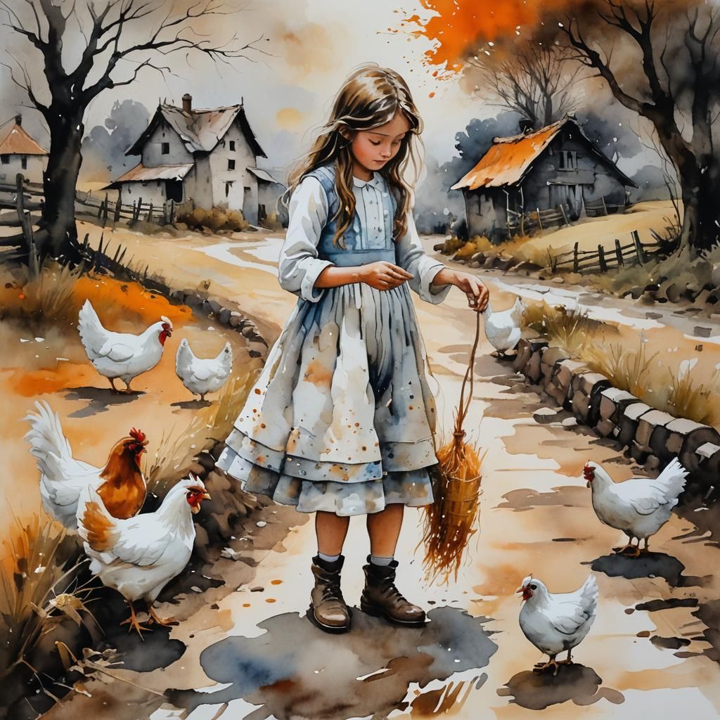 A girl feeding her chicken