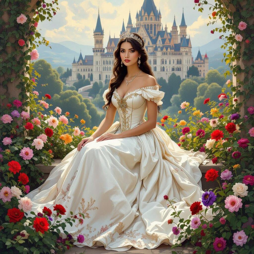Princess in Royal Gown in a Flower Garden
