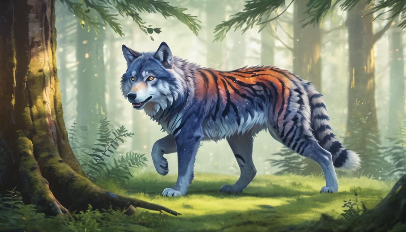 Whimsical Wolf-Tiger in Enchanted Forest, Fantasy Art
