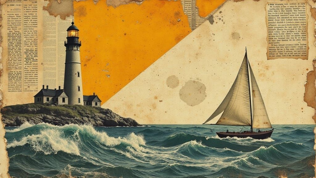 Lighthouse's Golden Beam Illuminates a Weathered Sailboat at...