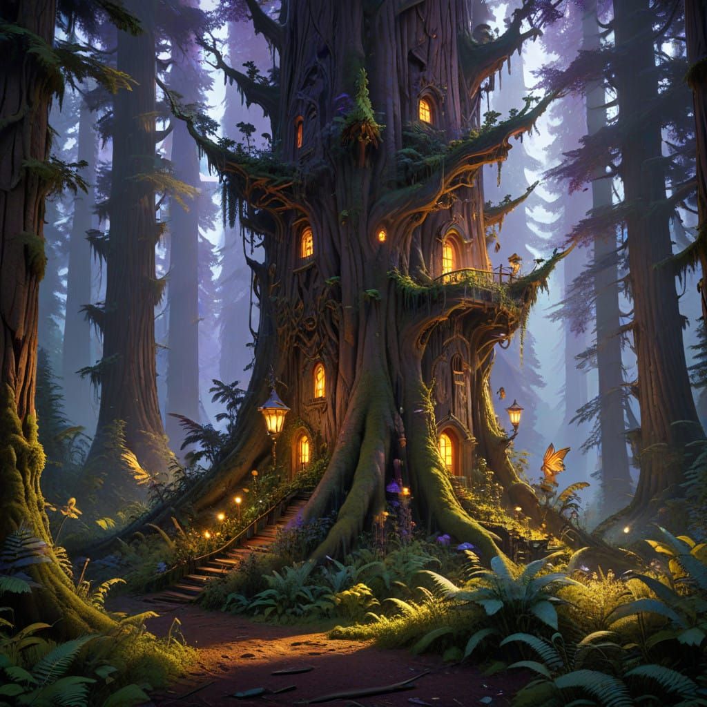 Dark Fantasy Redwood Tower in a Mystical Forest