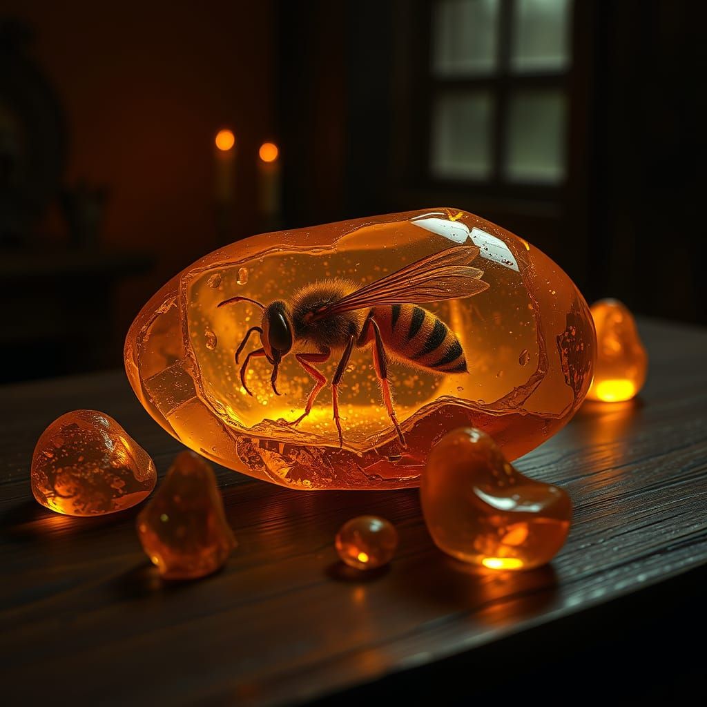 Dead Wasp Trapped in Amber, Dark Oak, and Orange Hues