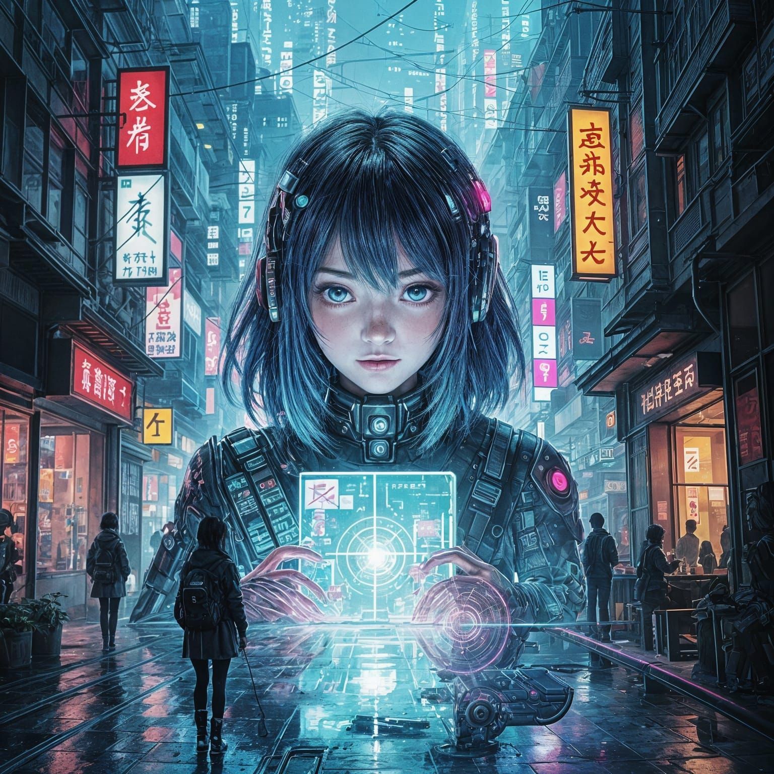 Cyberpunk Hanako in Bioluminescent Watercolor