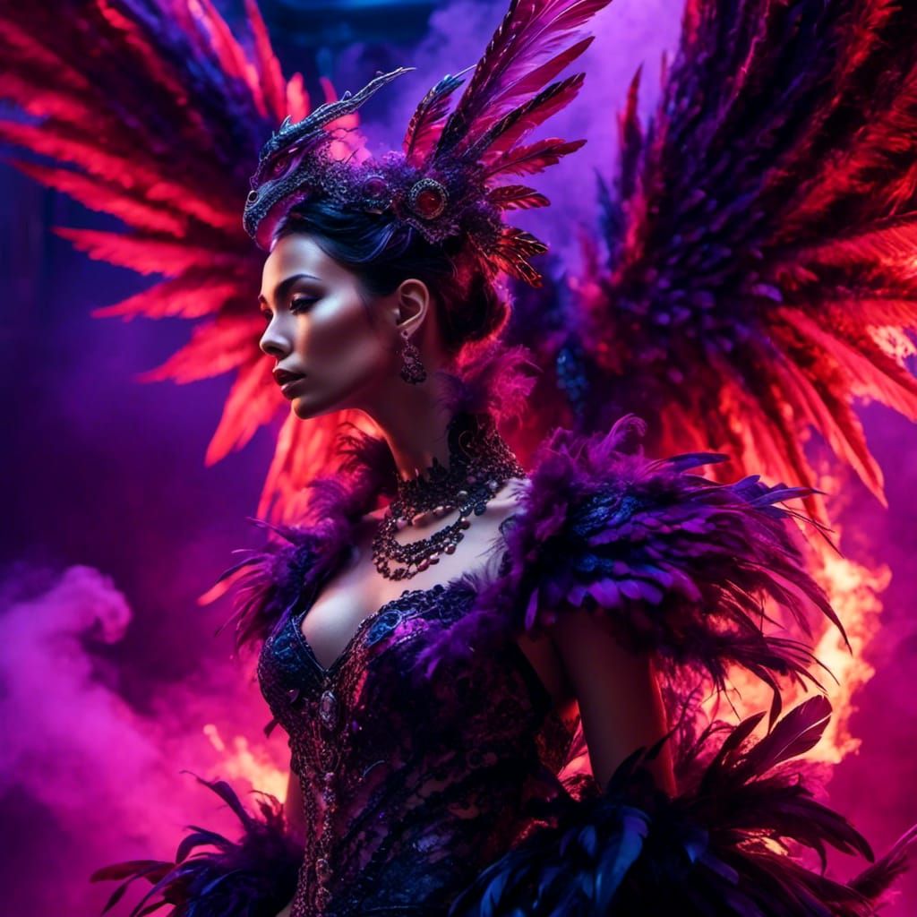 Gothic Feathered Dragon Lady in Violet and Red