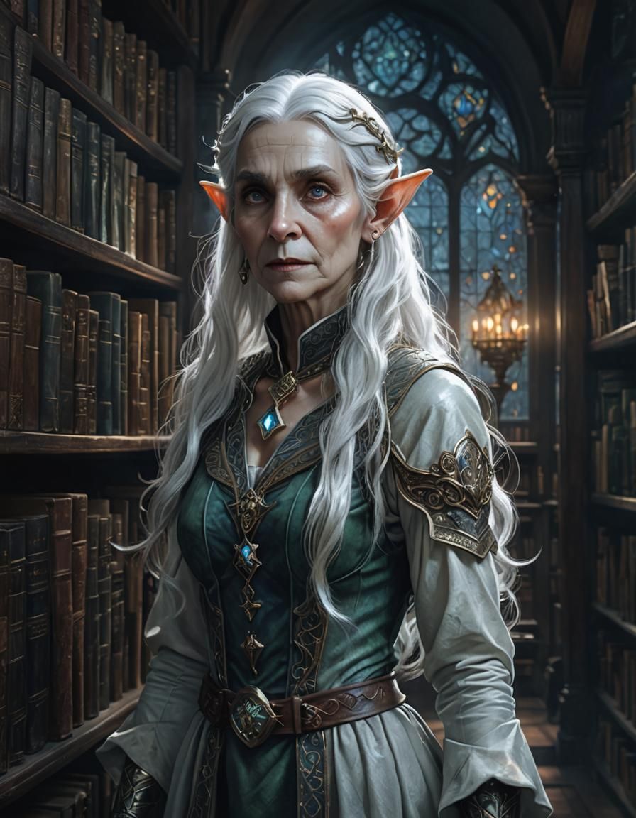 Elderly Elf in Dimly Lit Library