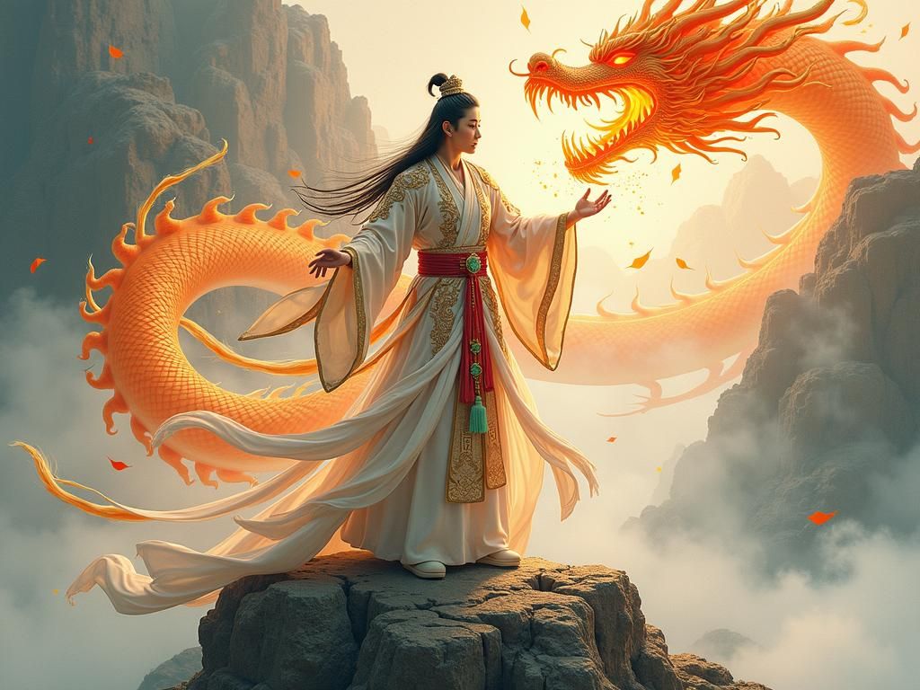 Immortal Cultivator Defeats Dragons in Watercolor Style