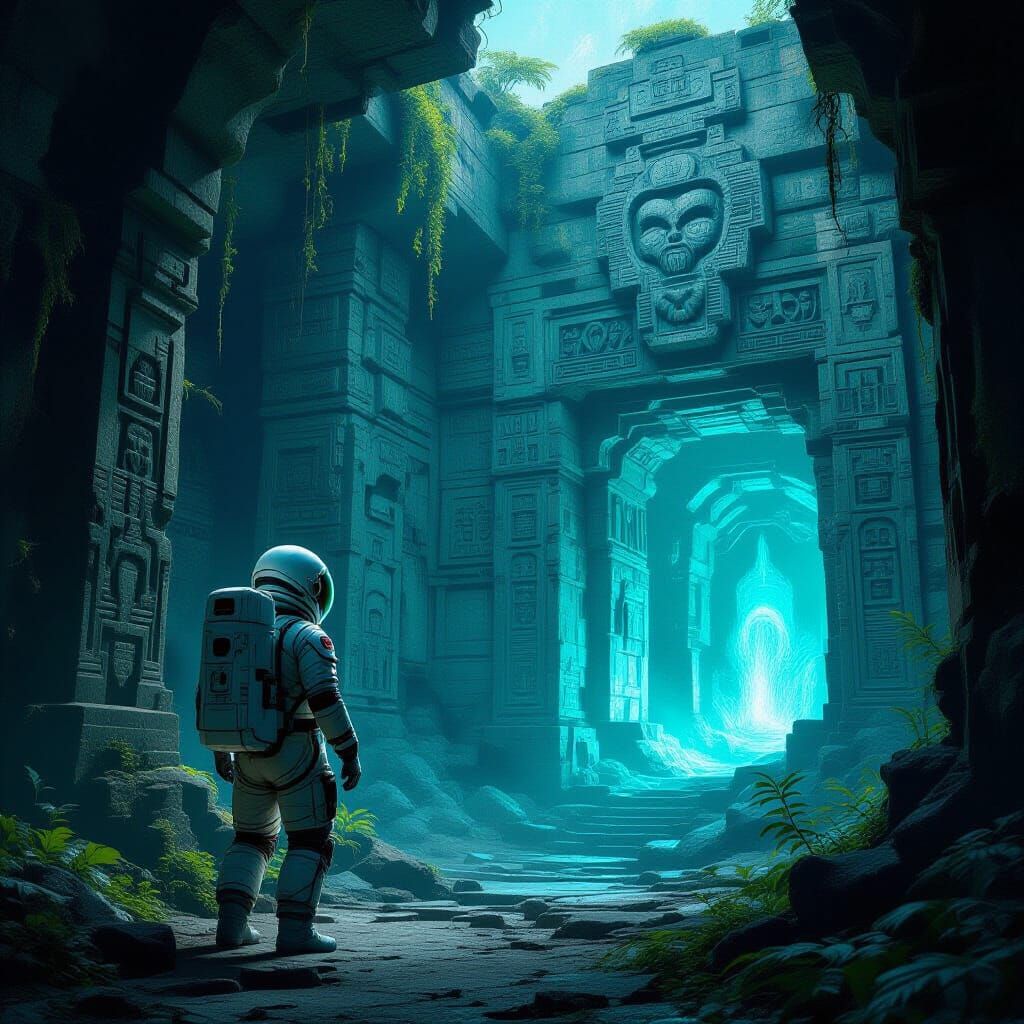 Astronaut and Ancient Temple on Alien Planet