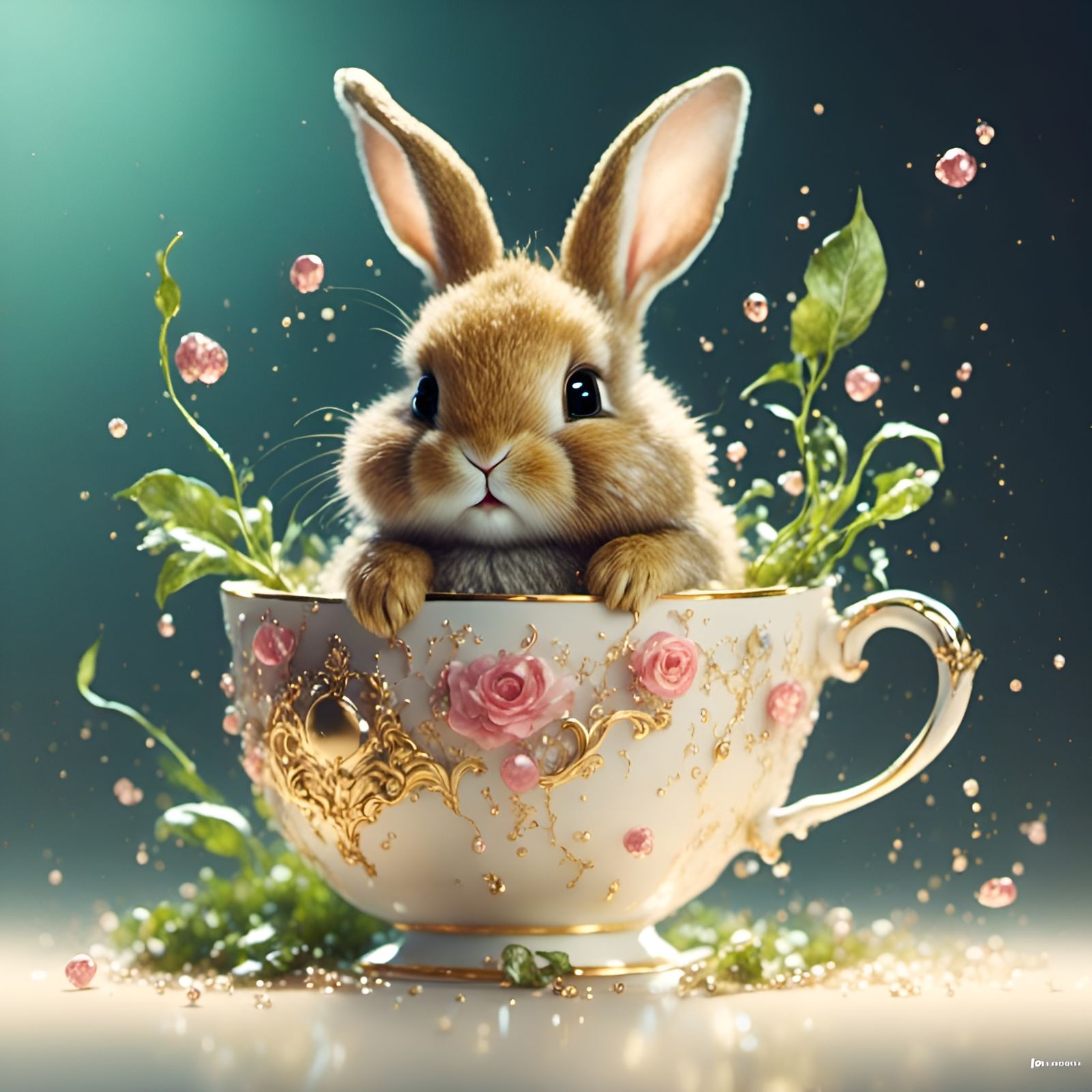 Fluffy Bunny in Teacup Watercolor Painting