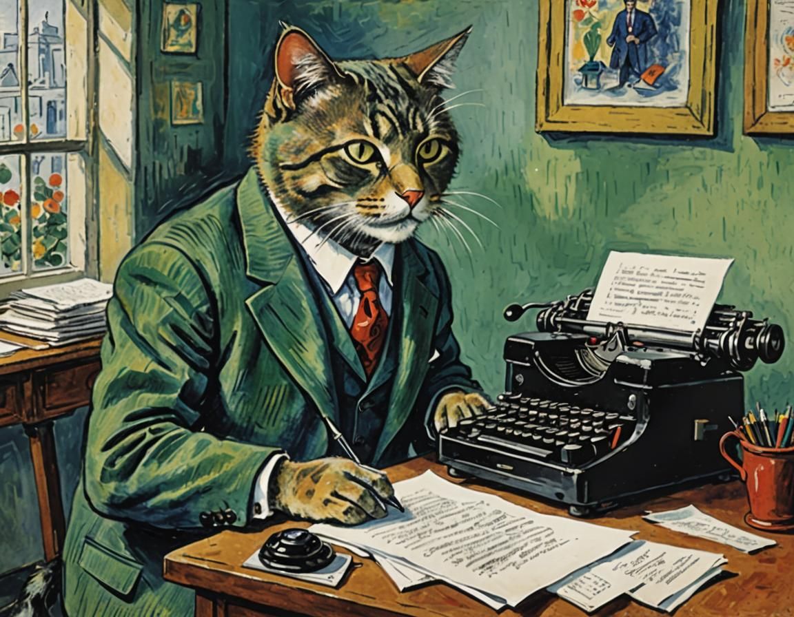 Cat in Suit Writes Report: Chagall-Style Painting
