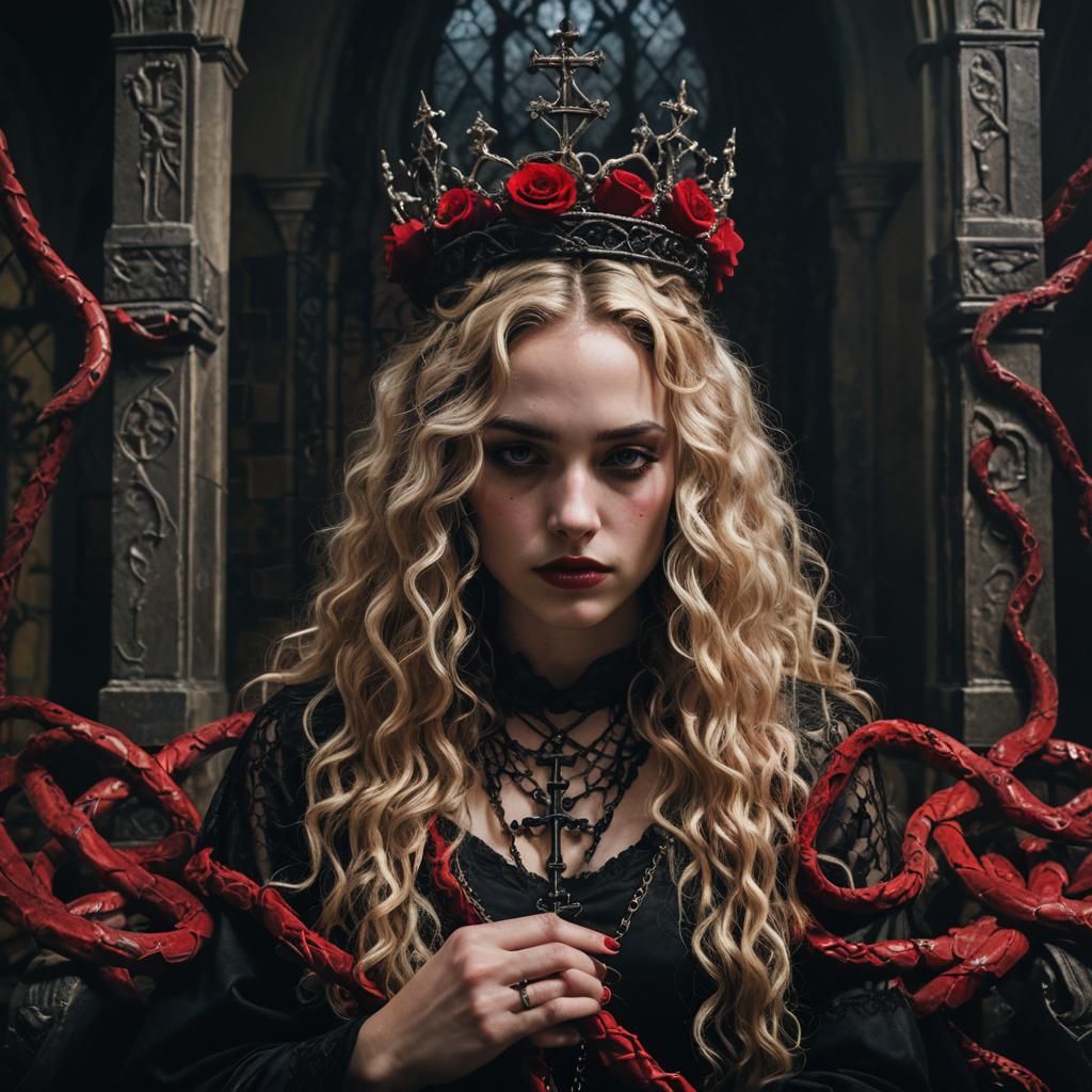 Mystical Realism Portrait: Blonde Girl on Snake Throne