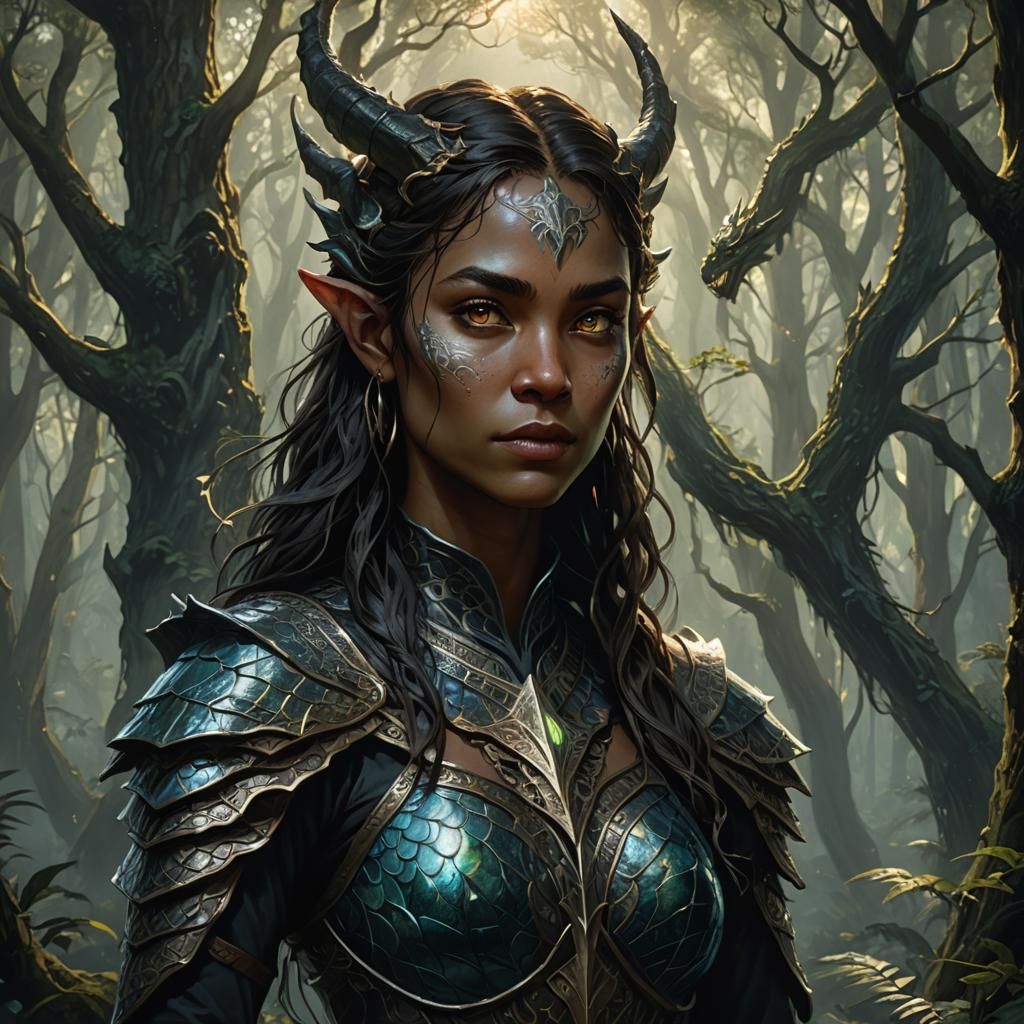 Dragonborn Woman in Mystical Forest, Art Nouveau