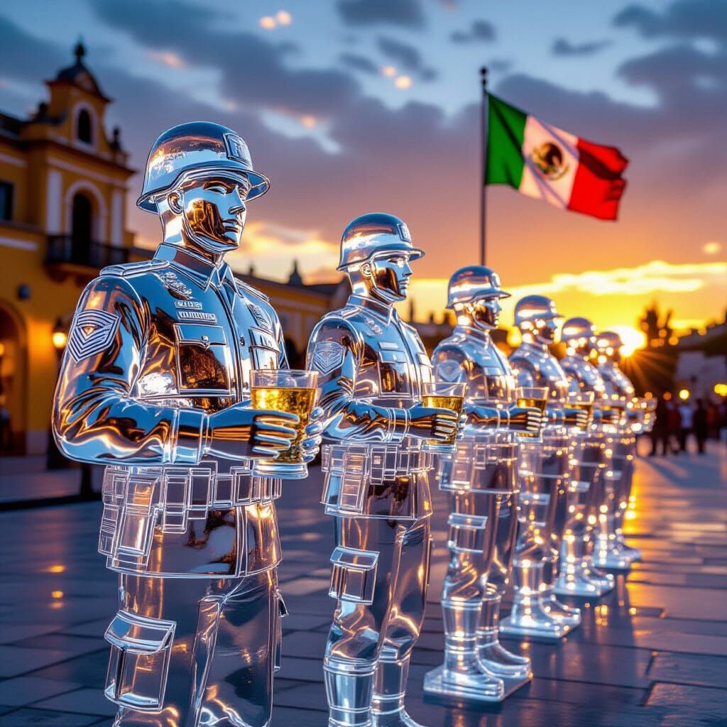 Hyper-detailed Ice Sculpture Soldiers in Mexican Plaza at Su...