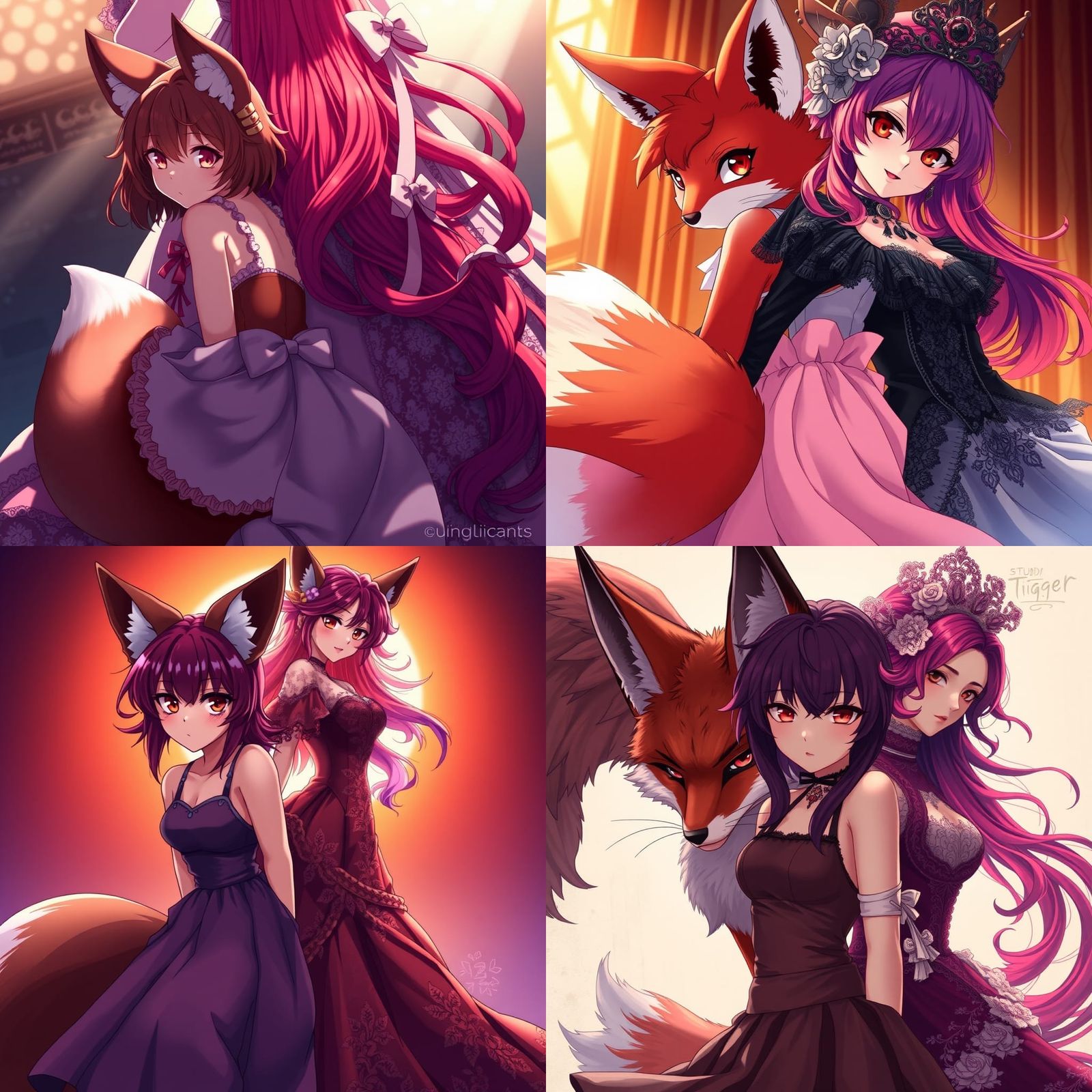 Anime Foxgirl Hiding Behind Girl in Victorian Dress