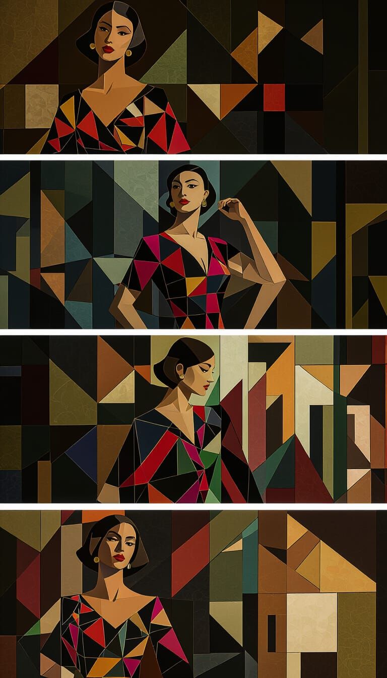 Cubist Woman in Geometric Fauvist Cityscape