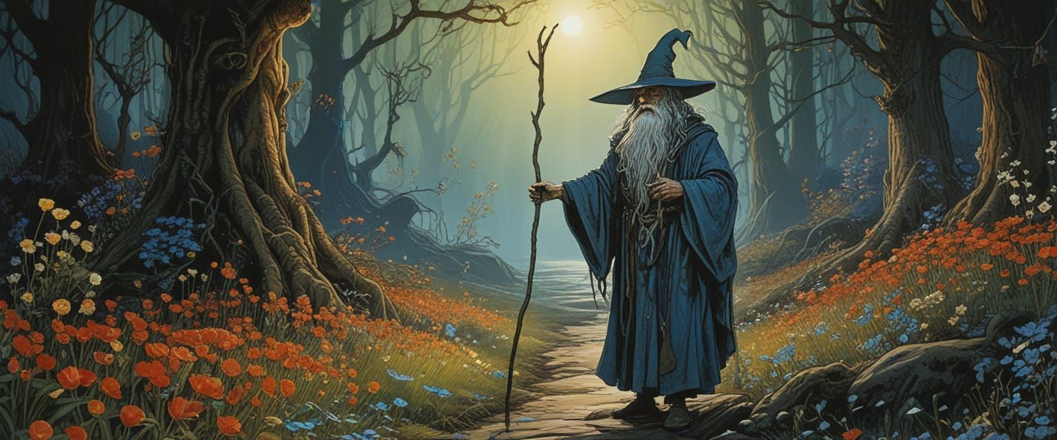 Eerie Wizard in Sunlit Garden, Comic Book Style