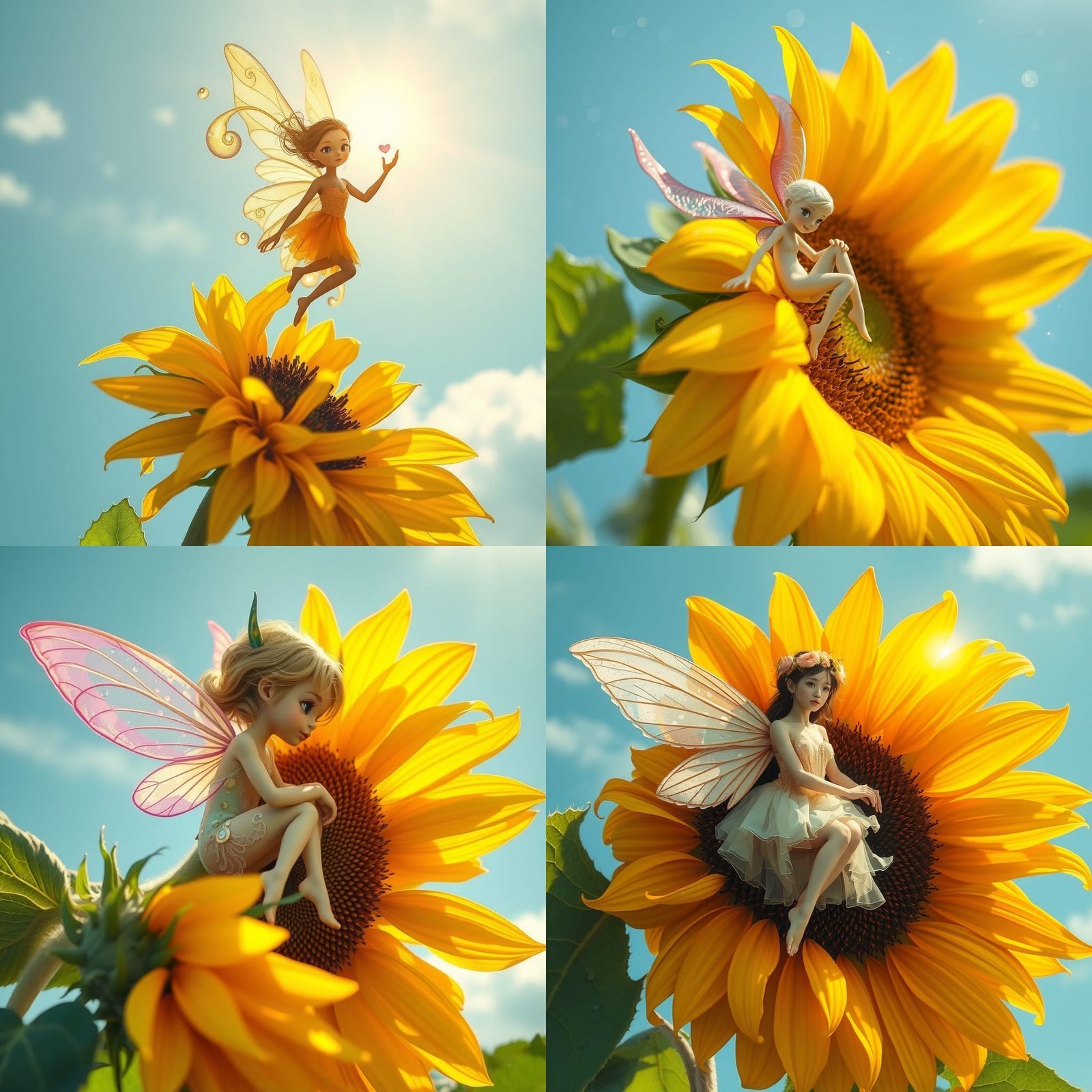 Fairy on Sunflower with Translucent Wings