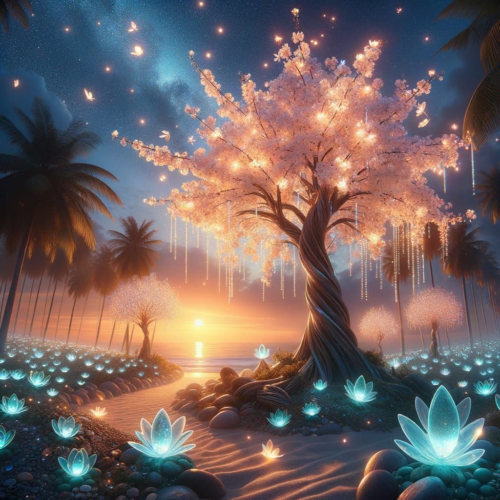 Mystical Sunset with Crystalline Trees in Anime Style