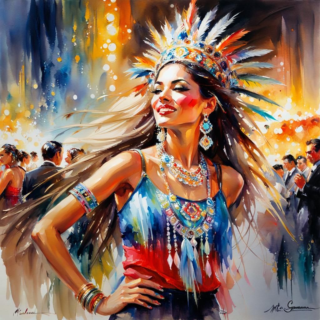 Dancing Aztec Princess in Watercolor Style