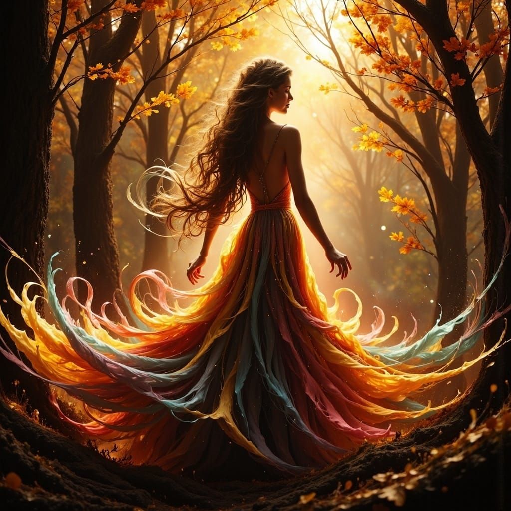 Ethereal Autumn Goddess in Vibrant Forest with Sunset Glow