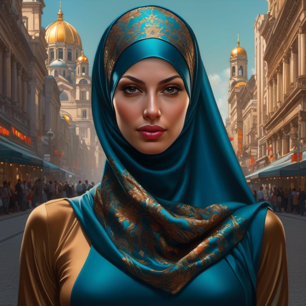 German Woman in Hijab: Detailed Oil Painting