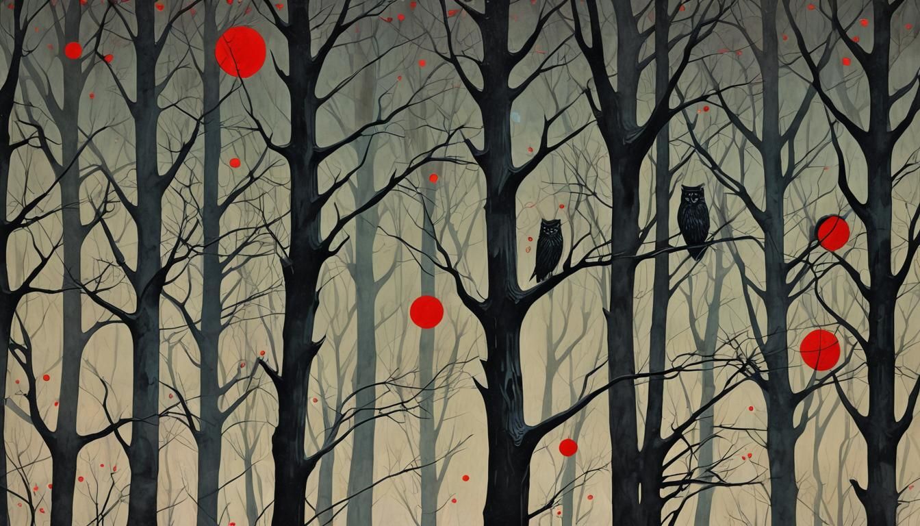 Eerie Owls Watching in Expressionist Gothic Art Style