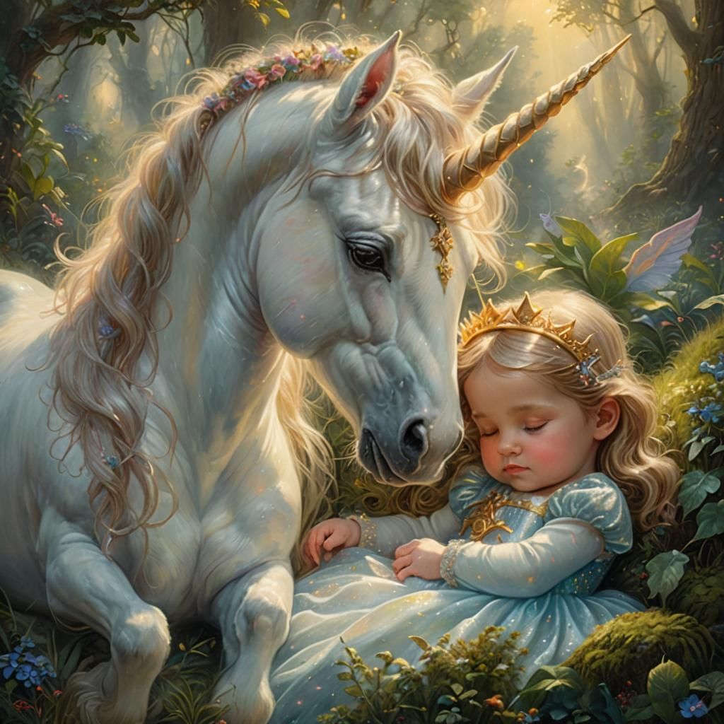 Baby Princess and Unicorn in Mystical Forest Painting