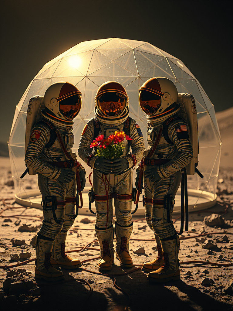 Lunar Garden: Women in Spacesuits Nurturing Flowers
