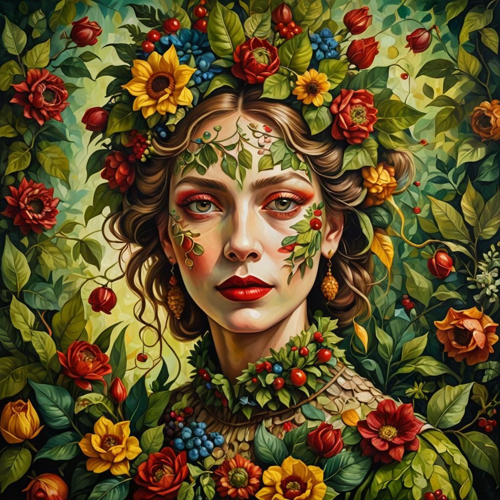 Floral Woman with Red Lips in Surrealist Style