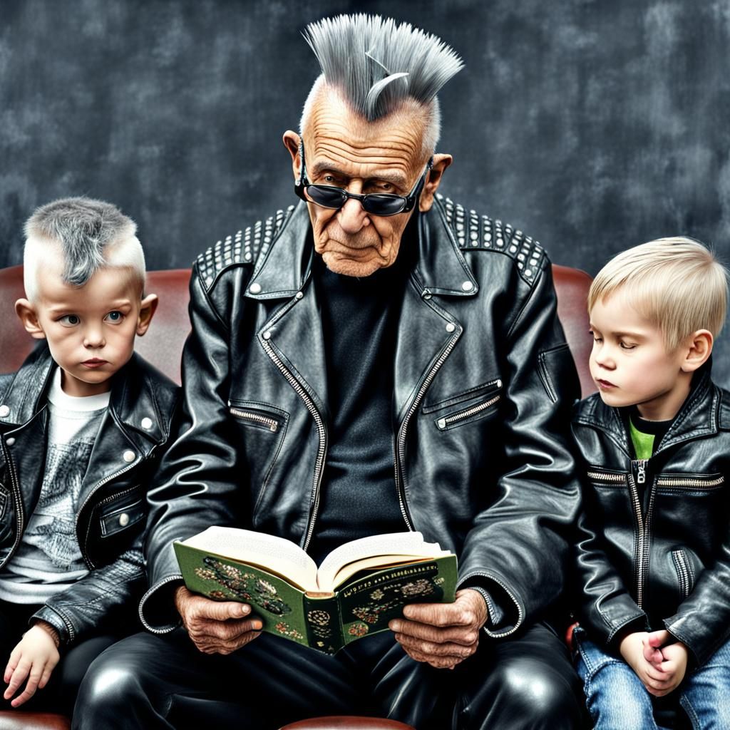 Elderly Punk Reads to Grandchildren: Hyperrealistic Image