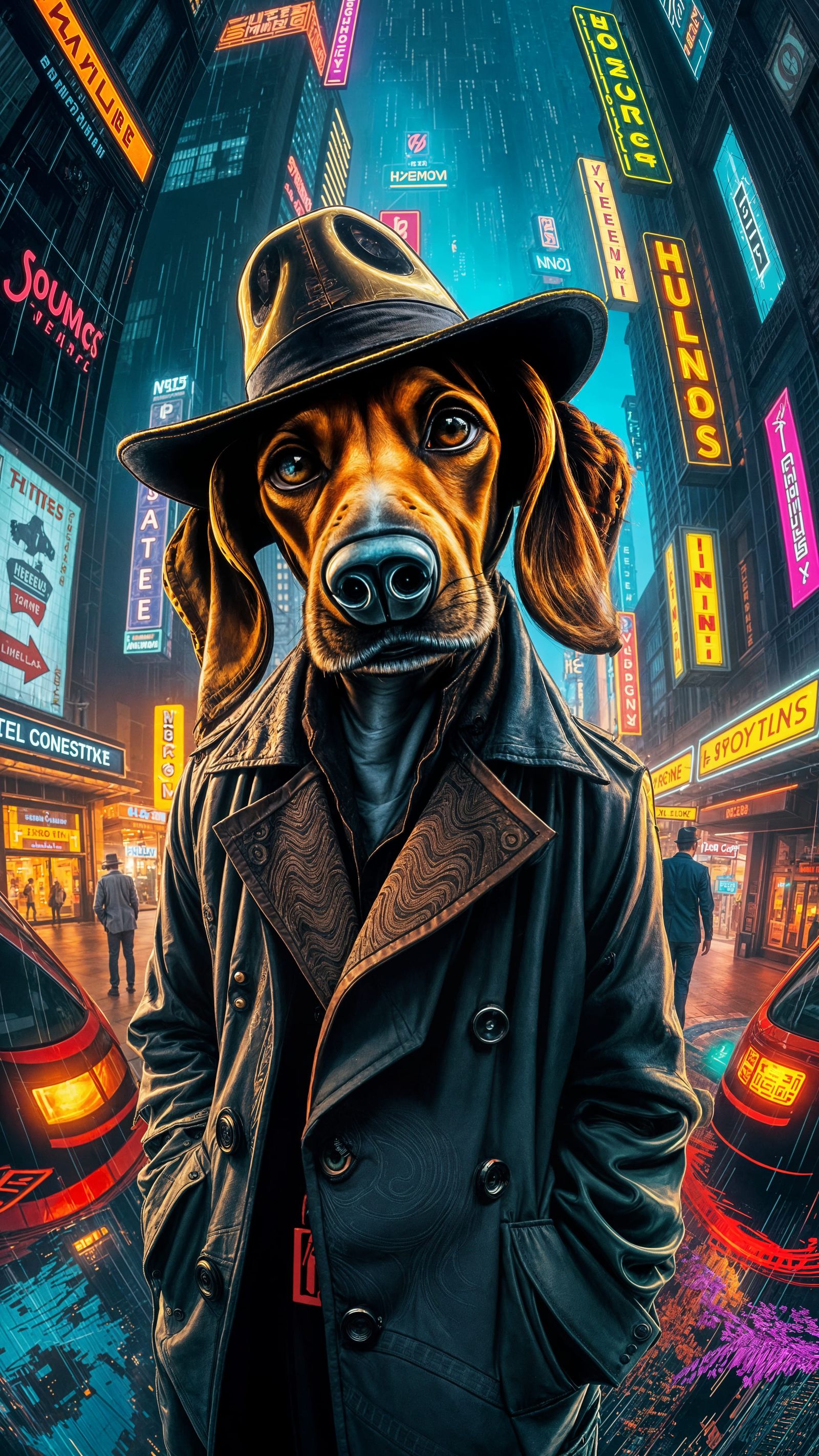 Hound Dog Private Eye in Neo-Expressionist Cityscape
