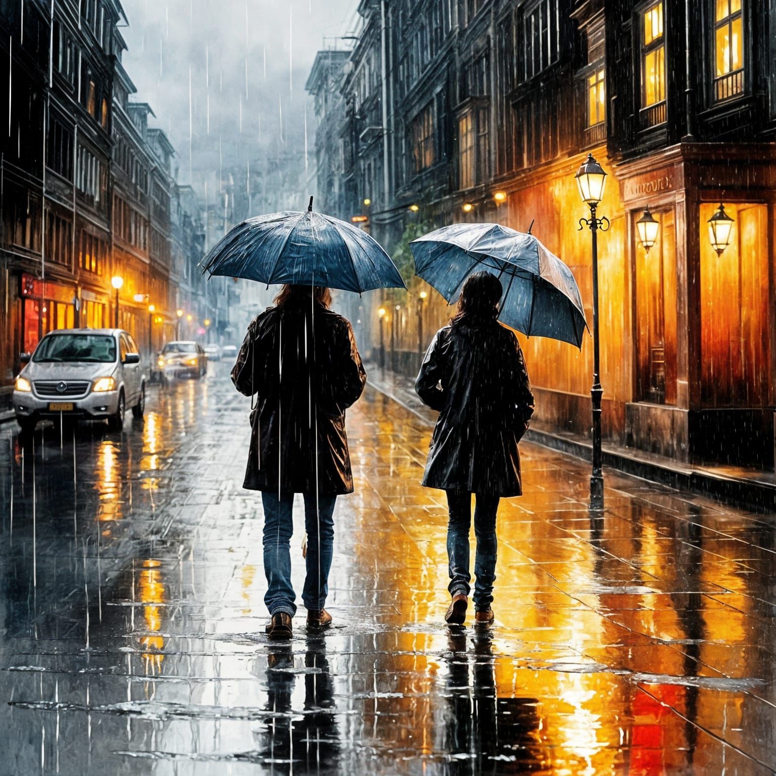 Kind Girl Shields Homeless Person in Watercolor Rainstorm