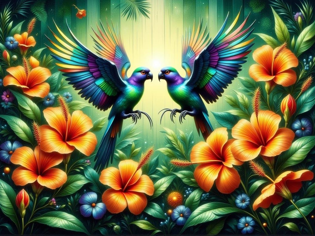 Vibrant Oil Painting of Majestic Parrots in a Lush Foliage