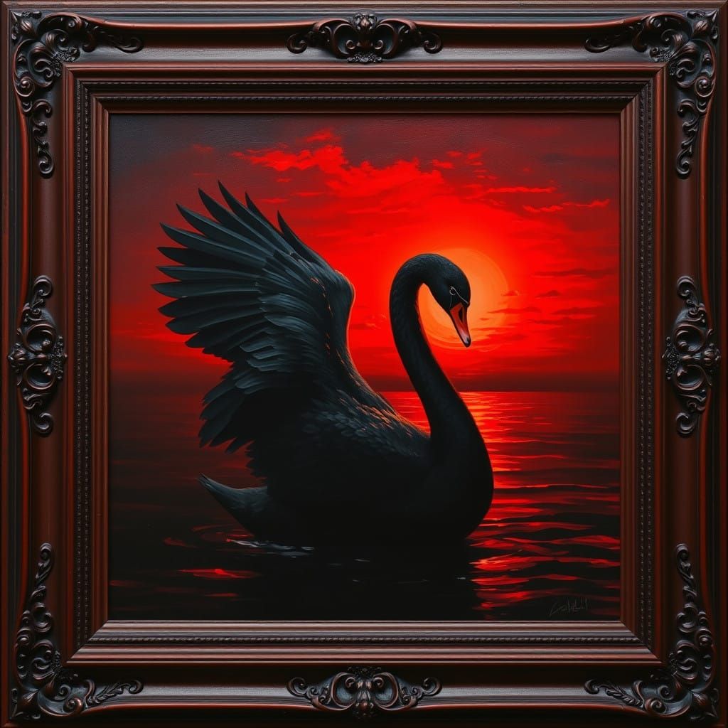 Elegant Black Swan Amidst a Dramatic Sunset in a Vintage Fra...