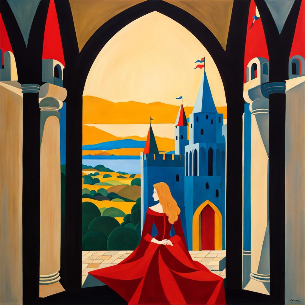 Cubist Queen Guinevere and Sir Lancelot Embrace