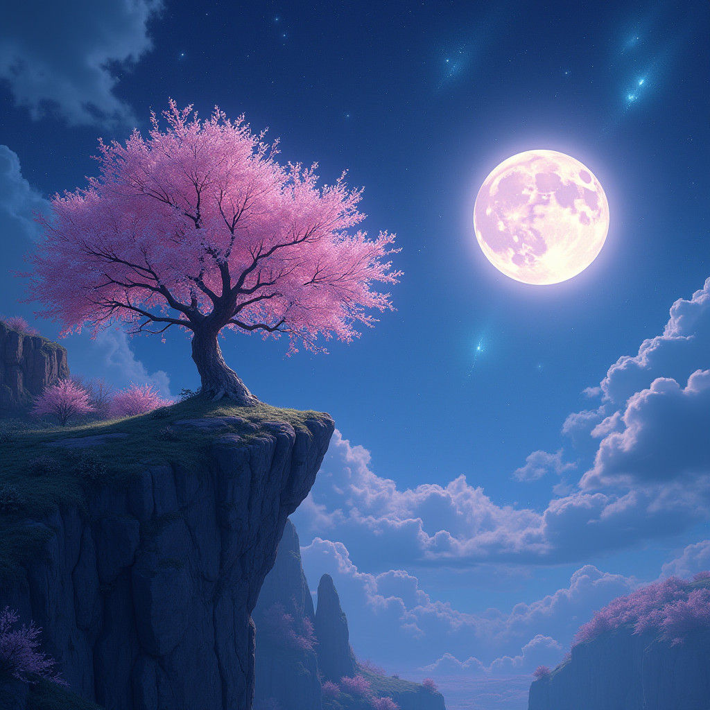 Dreamy Night Sky: Cherry Tree in Fantasy Landscape
