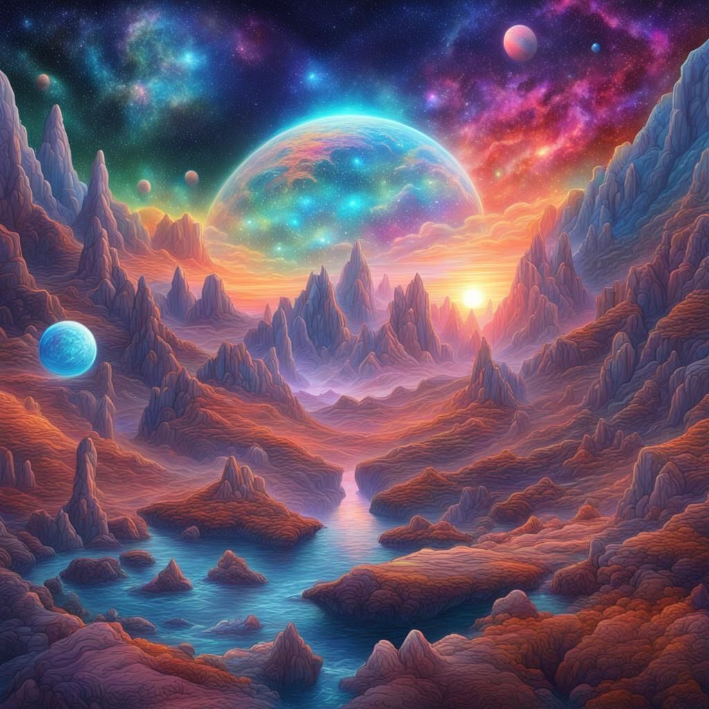 Holographic Astral Landscape Illustration in Cosmic Colors