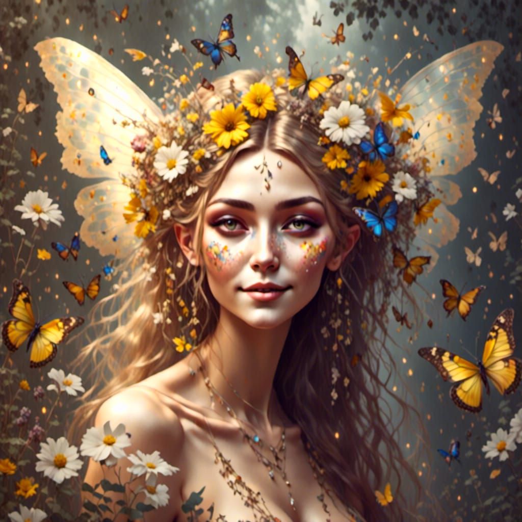 Curvy Fairy with Golden Wings and Butterflies