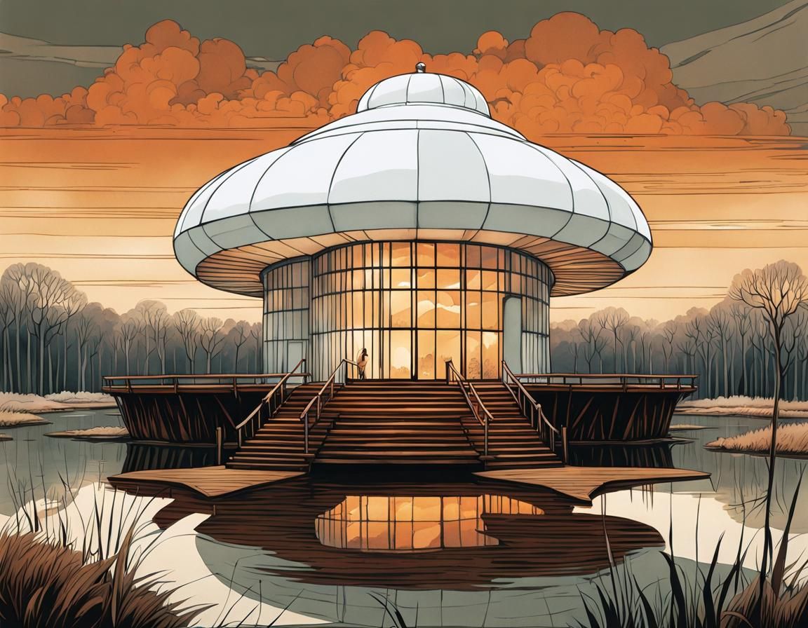 Minimalist Flower Building in Winter Swamp, Watercolor Style