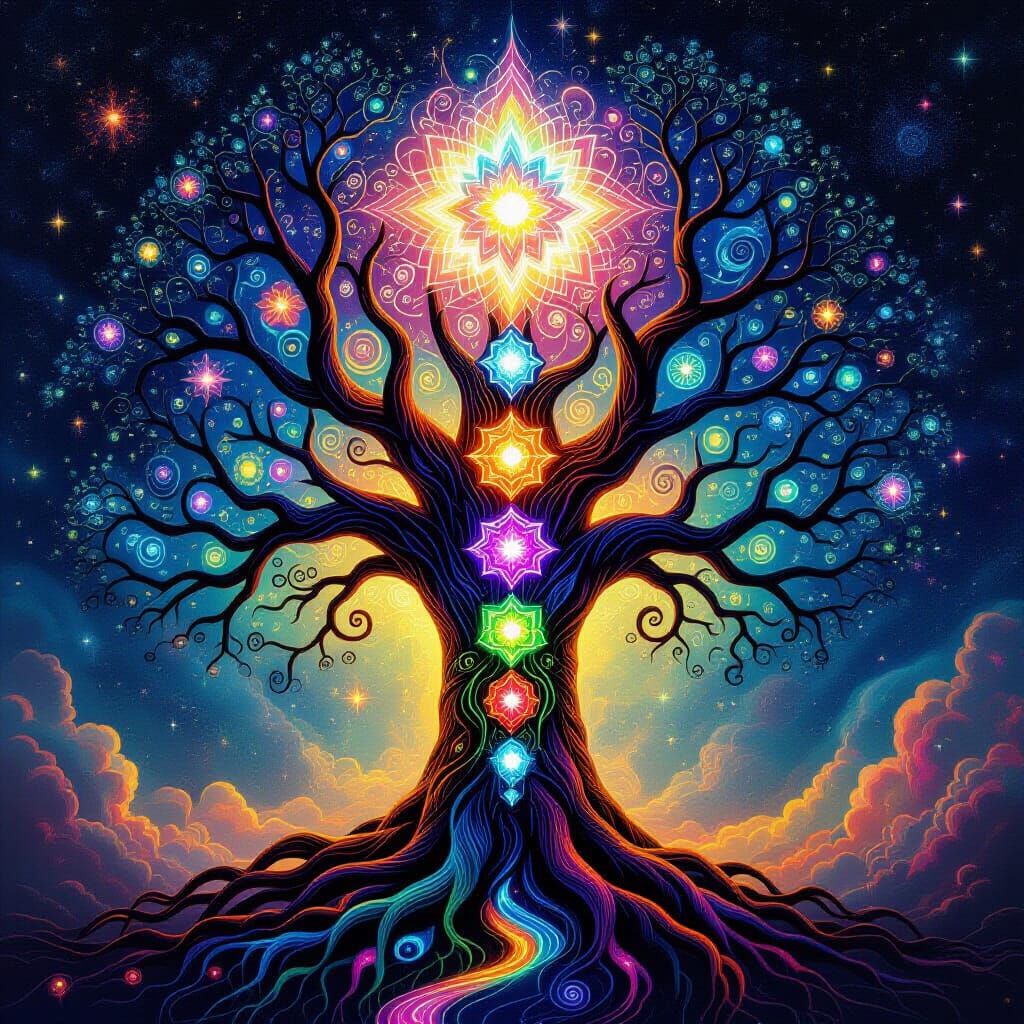 Cosmic Tree of Life with Crystal Crown in Psychedelic Style