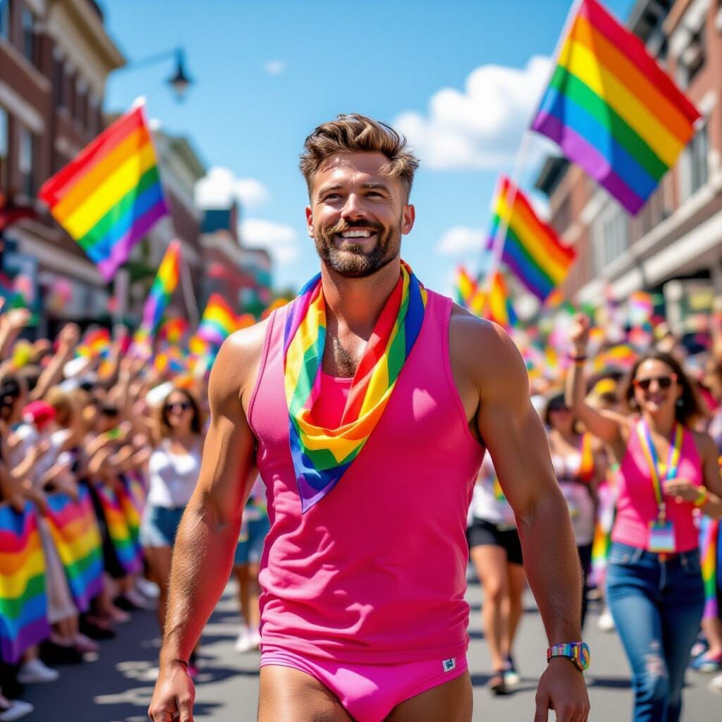 Joyful Gay Man at Pride Parade in Cinematic Style