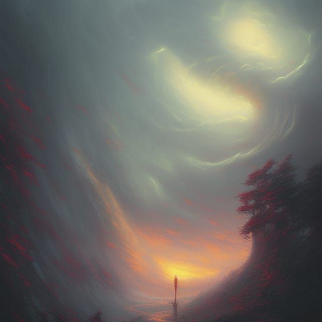 Spirals in Stormy Red Sky: Ethereal Fantasy Art