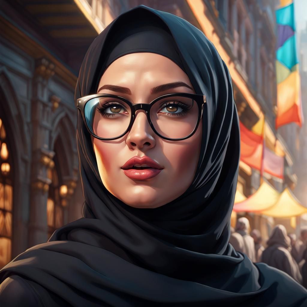 Elegant Curvy Woman in Black Hijab with Cityscape Background