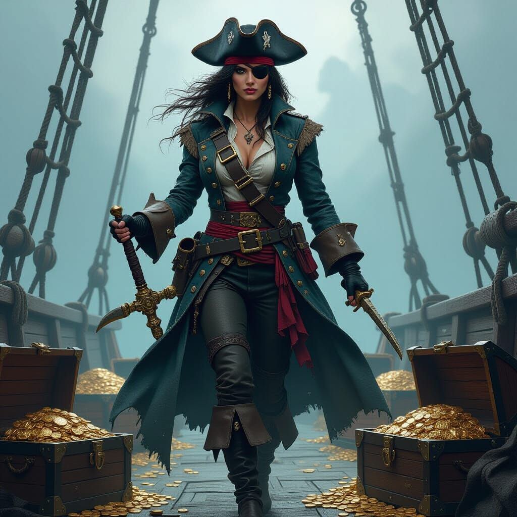 Werewolf Pirate Queen at the Helm, Fantasy Art