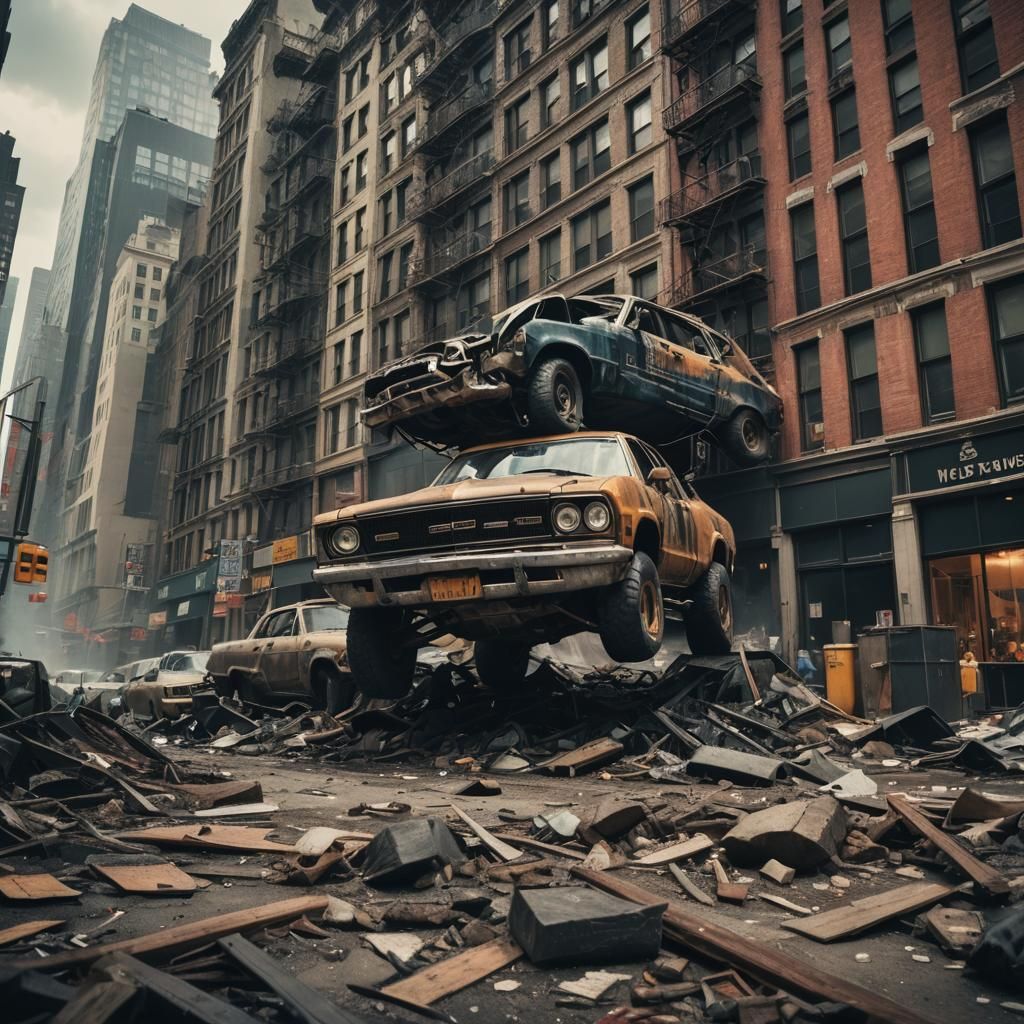 Apocalyptic New York with Giant Cars: Cinematic View