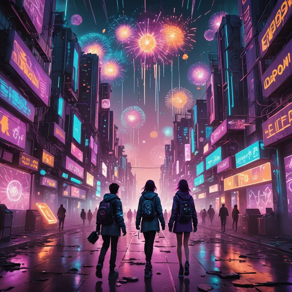 Vibrant Cyberpunk Cityscape with Neon Art Installations