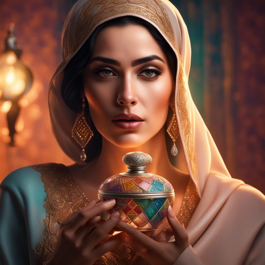 Middle-Eastern Woman Holding Diamond Perfume Jar