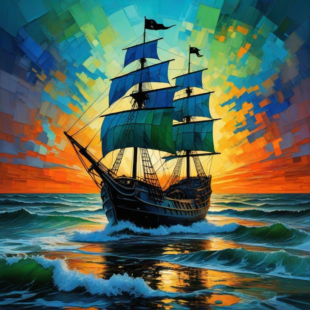 Geometric Pirate Ship Concept Art in Impasto Style